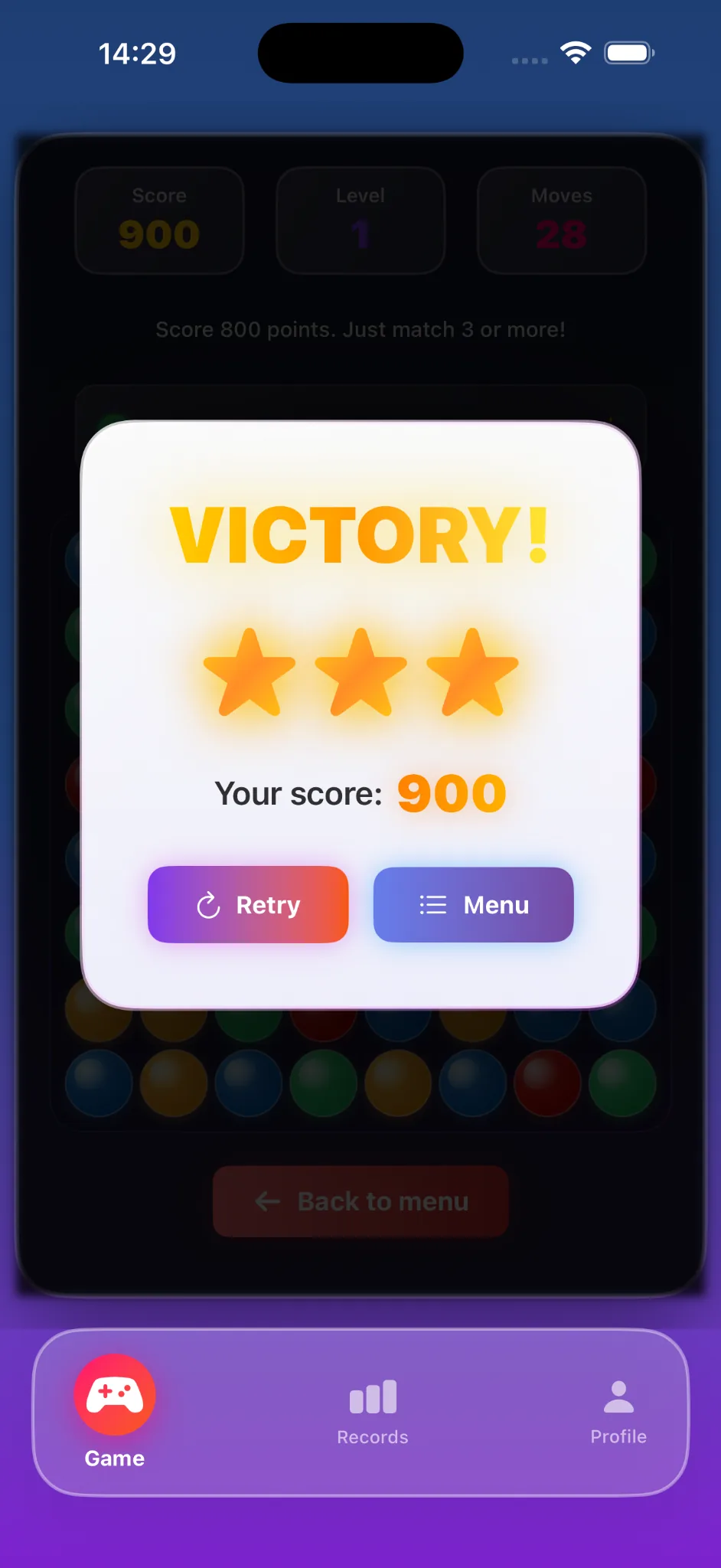 Victory screen with three stars